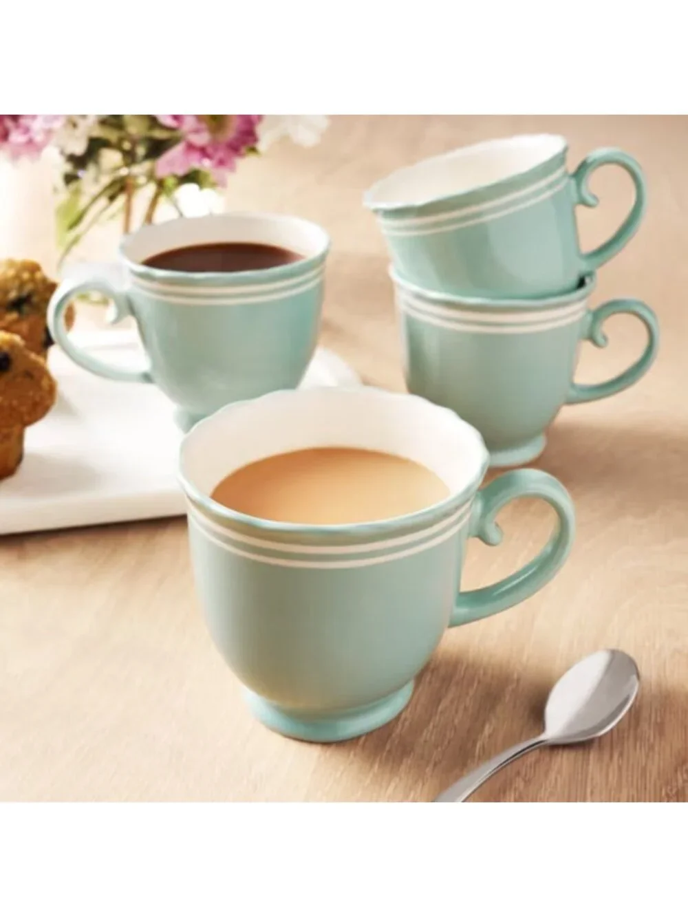 The Pioneer Woman Home Sage Blue Floral Farmhouse Style Ceramic Coffee Mugs Set